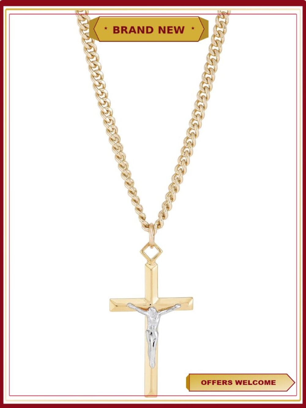 Gold-Filled Stainless Steel Rhodium Crucifix Pendant Necklace 24"